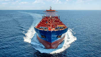 A large cargo ship with a red and blue hull sails through the open sea.